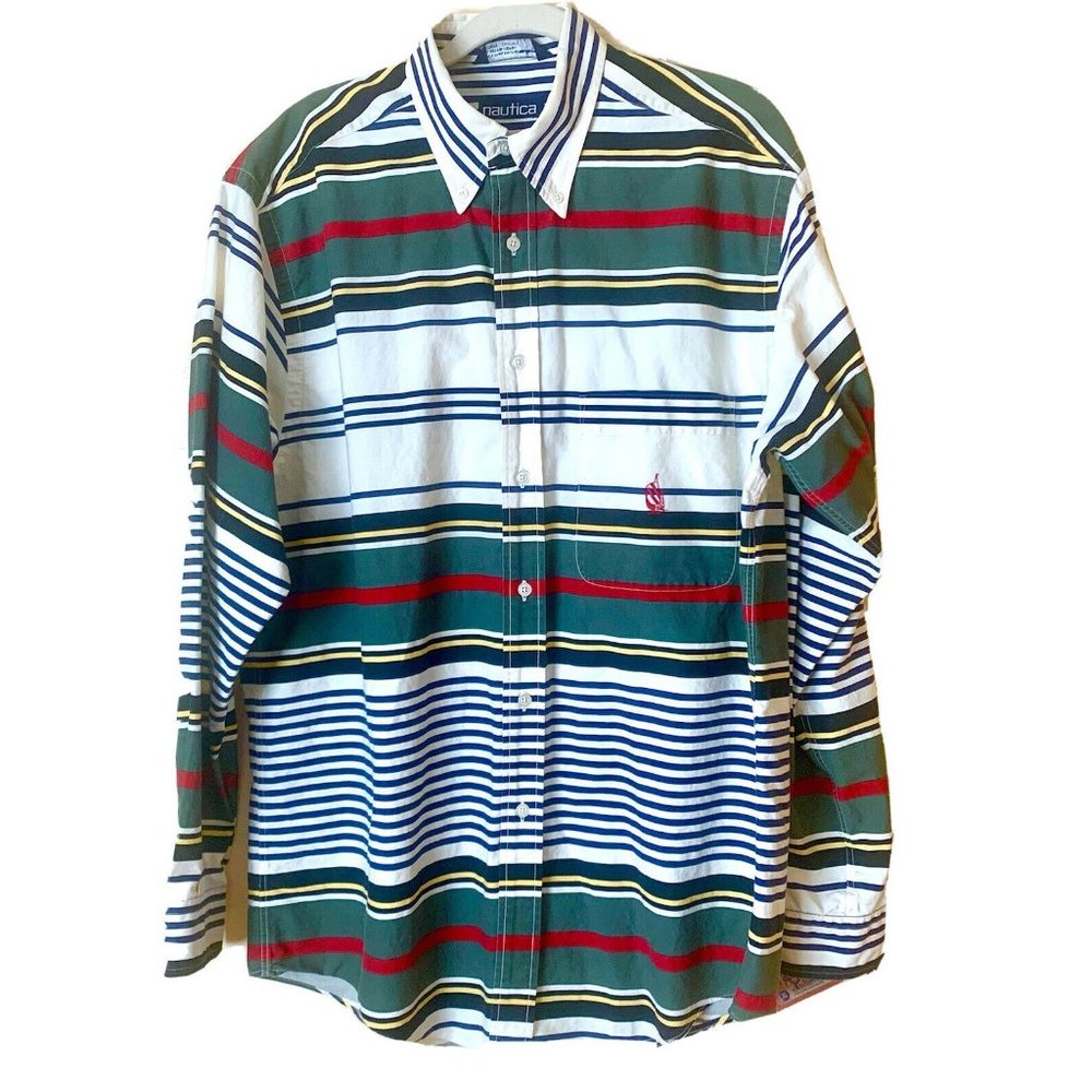 VIntage Nautica‎ MENS LONG SLEEVE BUTTON DOWN Color Block Large 1990s Cotton